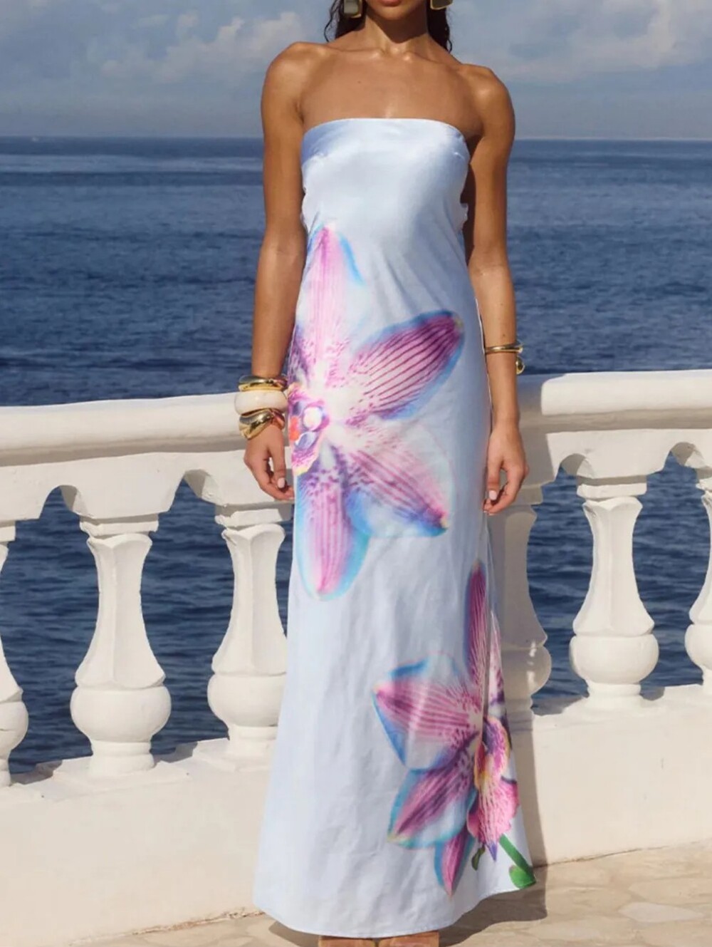 🌸Strapless Blue Maxi Dress with Pink & Purple Floral Print